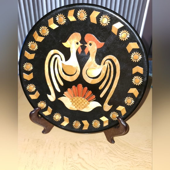 Vintage Russian Rooster Straw Folk Art Lacquer Wood Inlay Plate Made in USSR - Picture 5 of 6